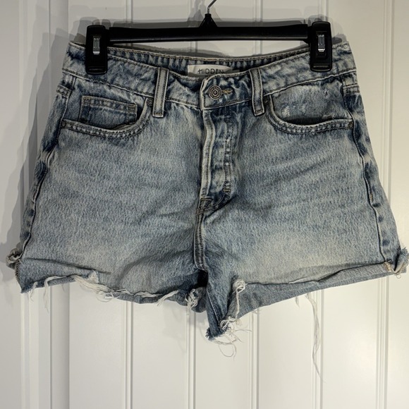 Hidden Jeans Pants - Hidden Jeans Distressed Denim Shorts Women's‎ S High Rise Raw Hem Light Wash